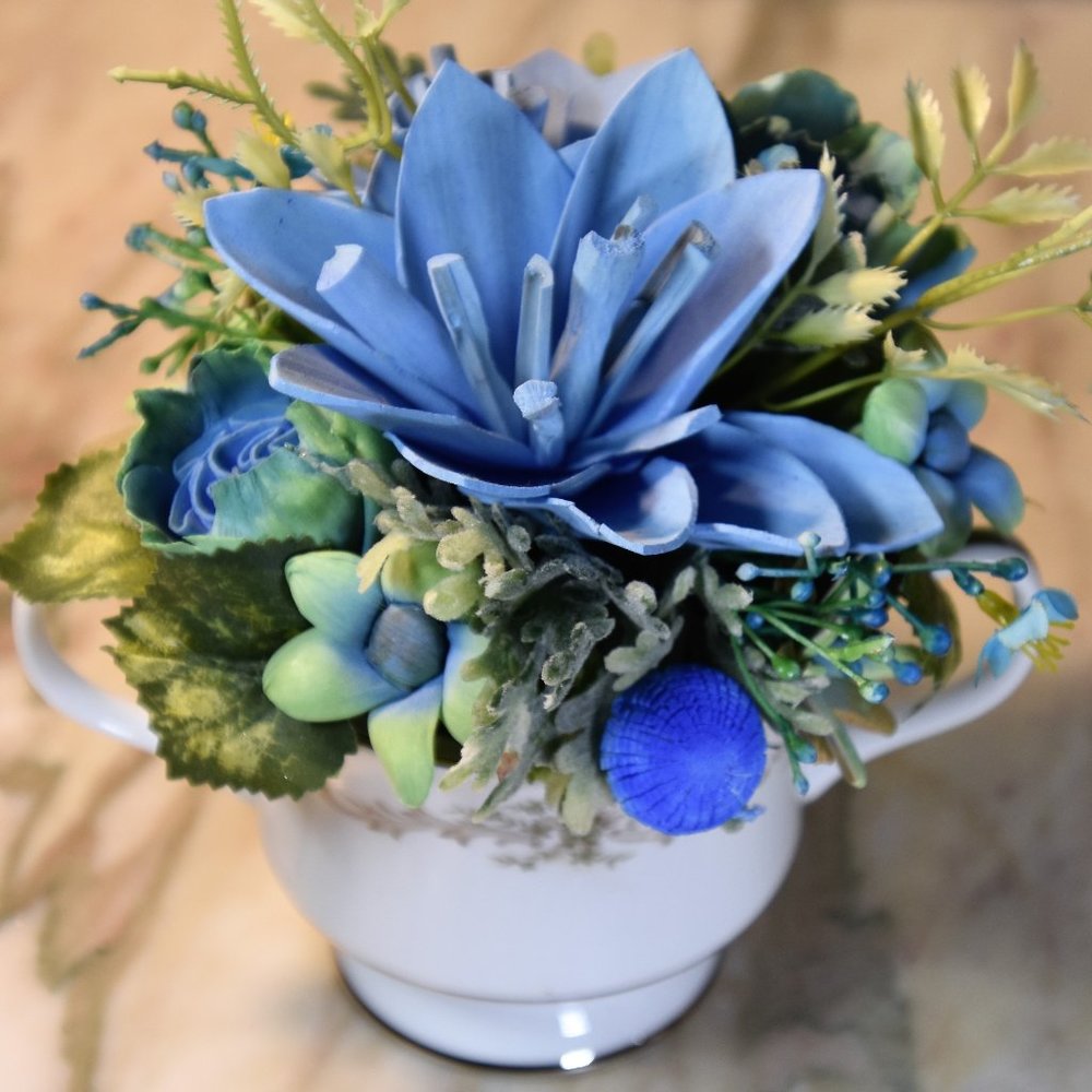 Vintage Sango sugar bowl filled with Sola flowers airbrushed in soothing blues